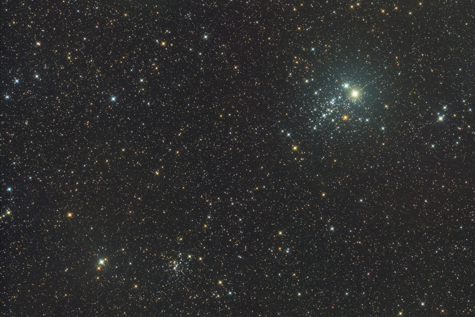 The Owl Cluster NGC 457 is the brightest open star cluster in Cassiopeia and one of the most beautiful objects of its kind in the northern sky. The open star cluster NGC 436 is below left in the image.